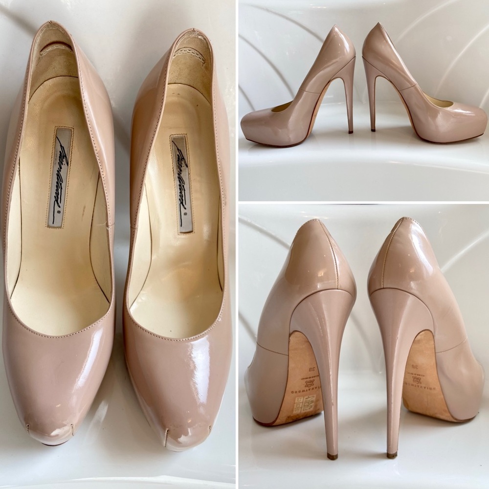 Brian Atwood Cappuccino Nude Patent Platform Heels